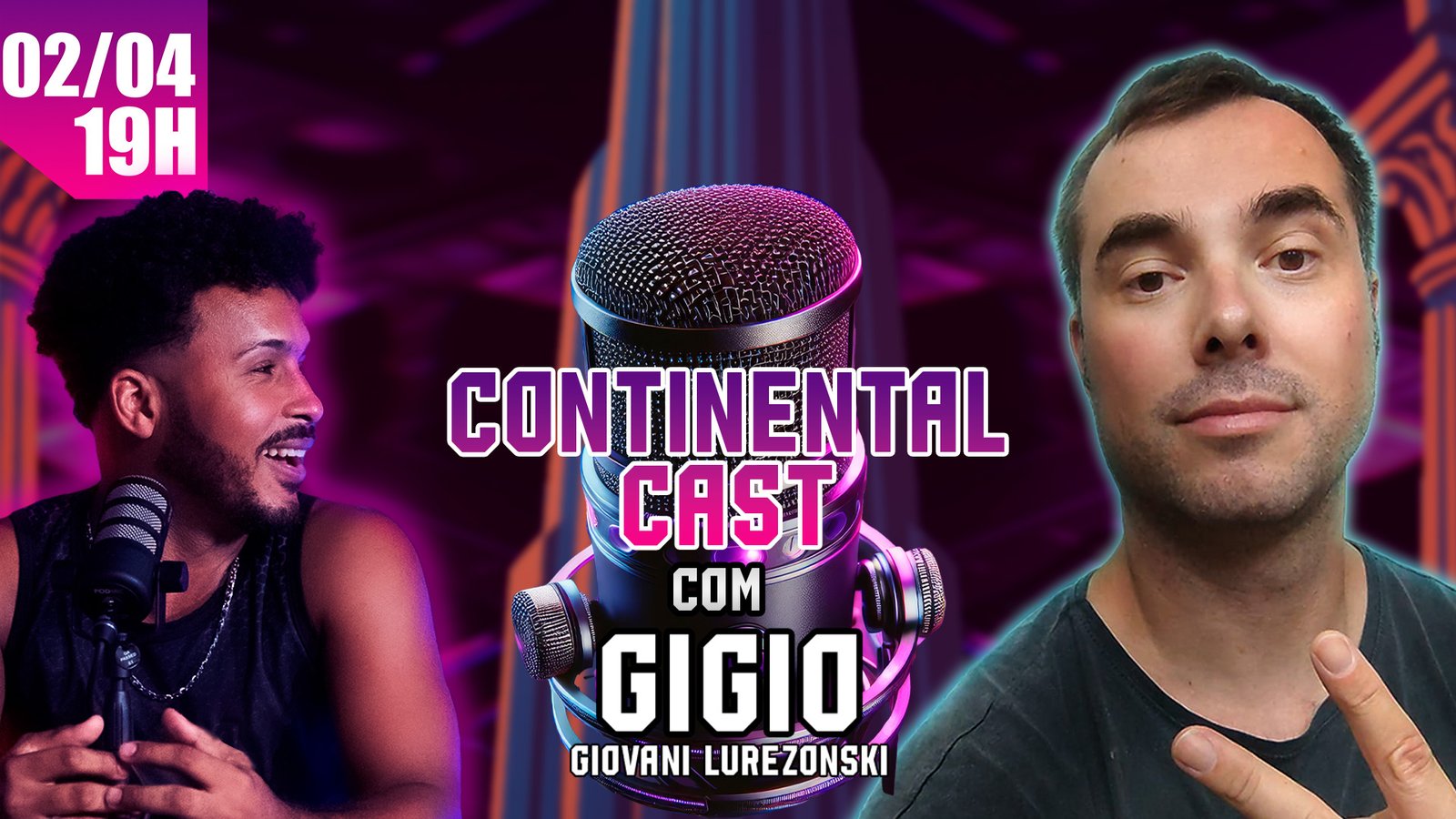 Arte do Continental Cast com BrunoChrosS e Gigio, com microfone e identidade visual roxa do podcast.